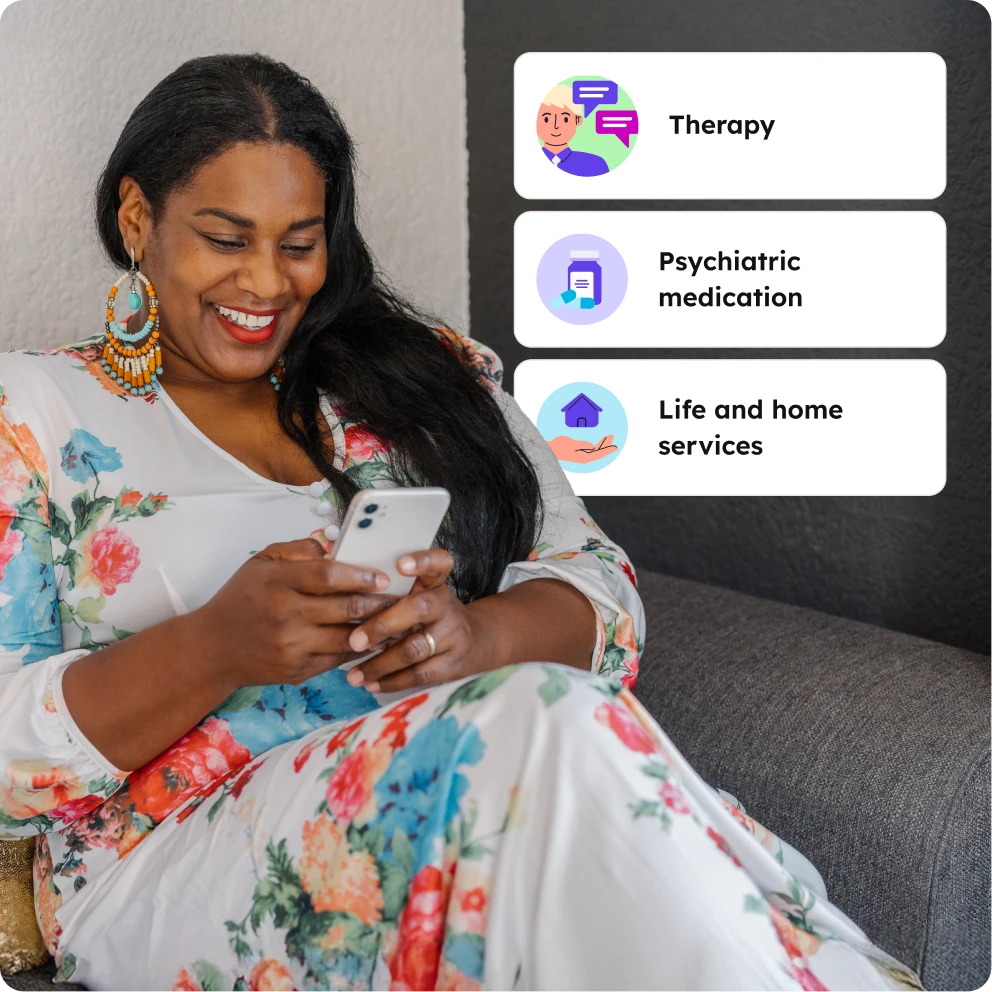 Woman sitting looking at mobile phone with word bubbles on the right saying "Therapy," "Psychiatric medication," and "Life and home services."