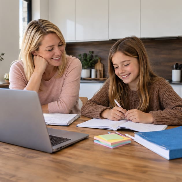 A mother and her daughter sit at a table with a laptop and school books.