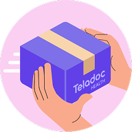 Icon with hands holding a purple box from Teladoc Health