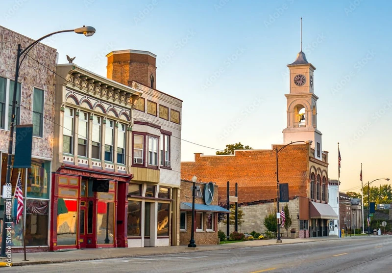 A small town main street with shops and different businesses