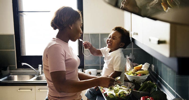 Mama and baby in kitchen
