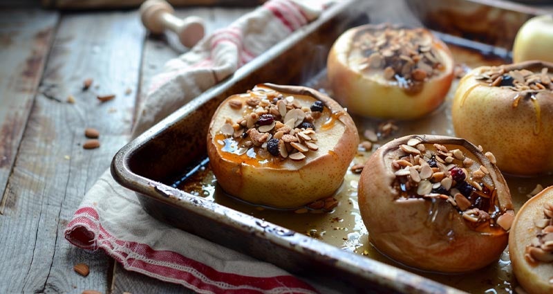 Baked apples on a tray. 