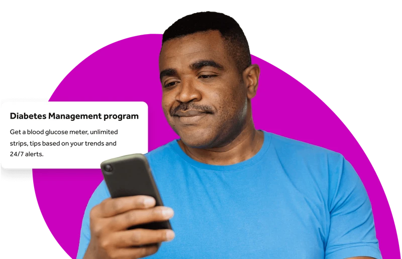 Cutout image of man smiling at his phone with an app UI pop up reading "Diabetes Management program. Get a blood glucose meter, unlimited strips, tips based on your trends, and 24/7 alerts."