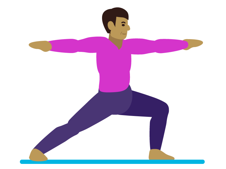  Illustration of person performing warrior pose with legs in a lunge position and arms straight out to either side.
