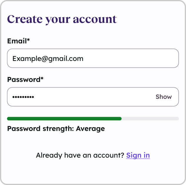 UI screenshot showing the account creation process in the Teladoc Health app.