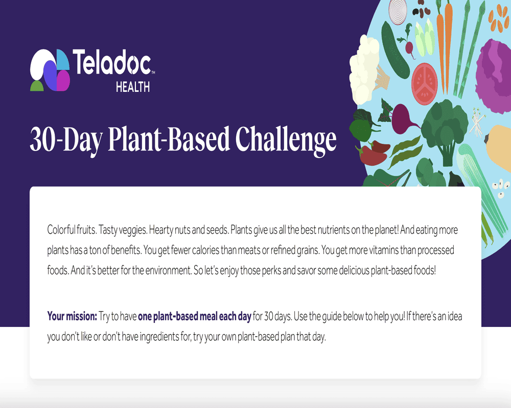 Teladoc branded graphic describing the 30 day plant-based challenge.