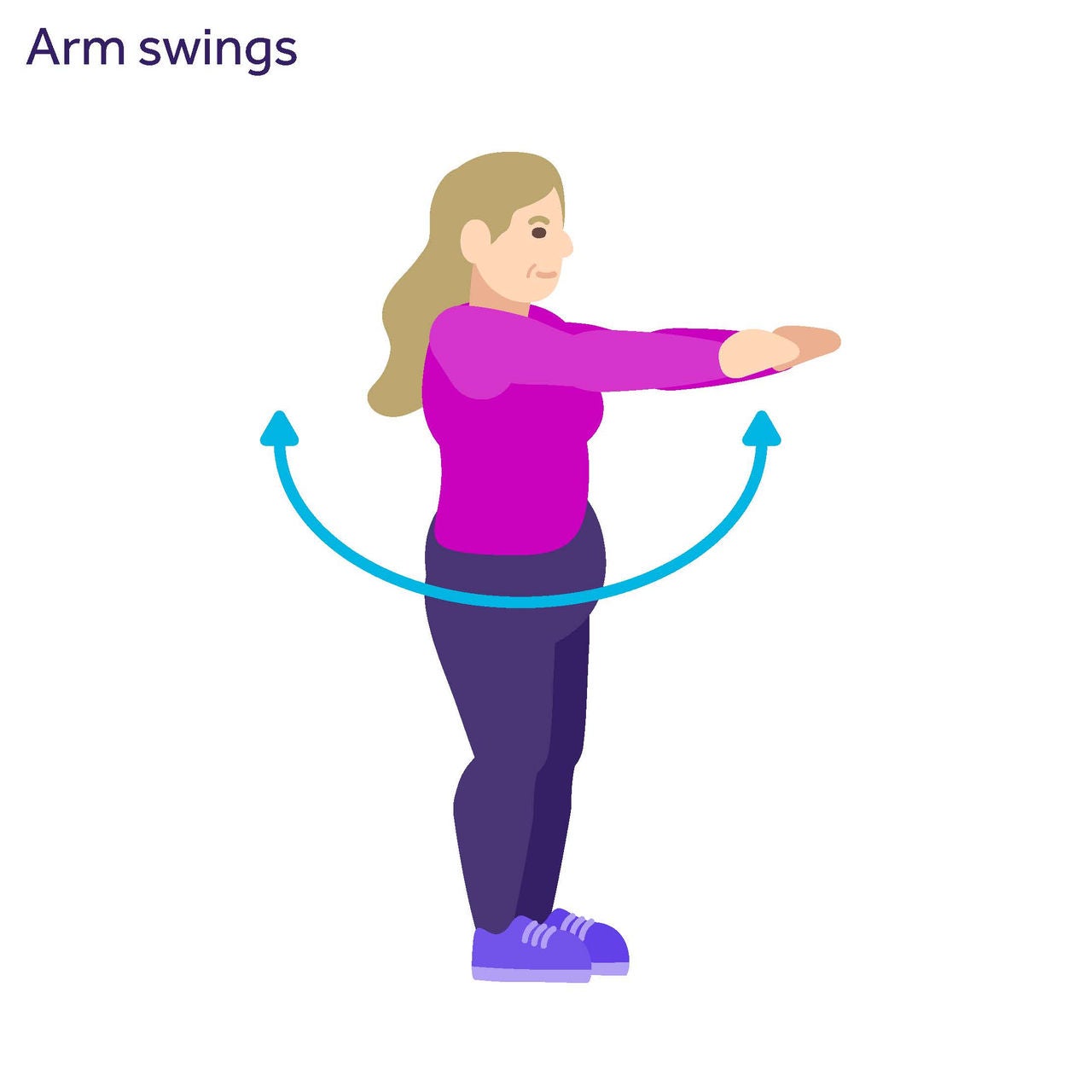 Illustration of a woman doing arm swings with arms outstretched in front of her and an arrow from her hands to behind her in a semi-circle.