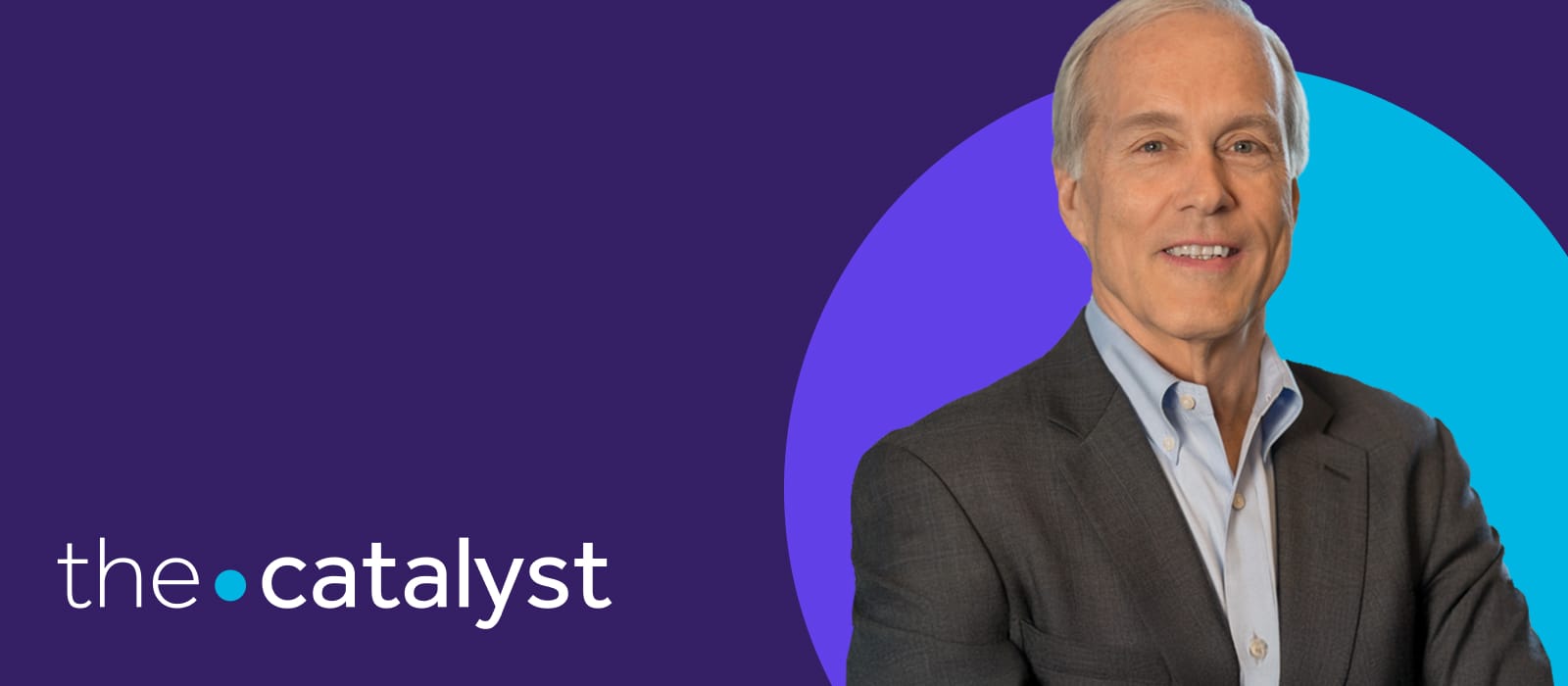 Lee Dukes portrait with plum and aqua background and the words "the catalyst"