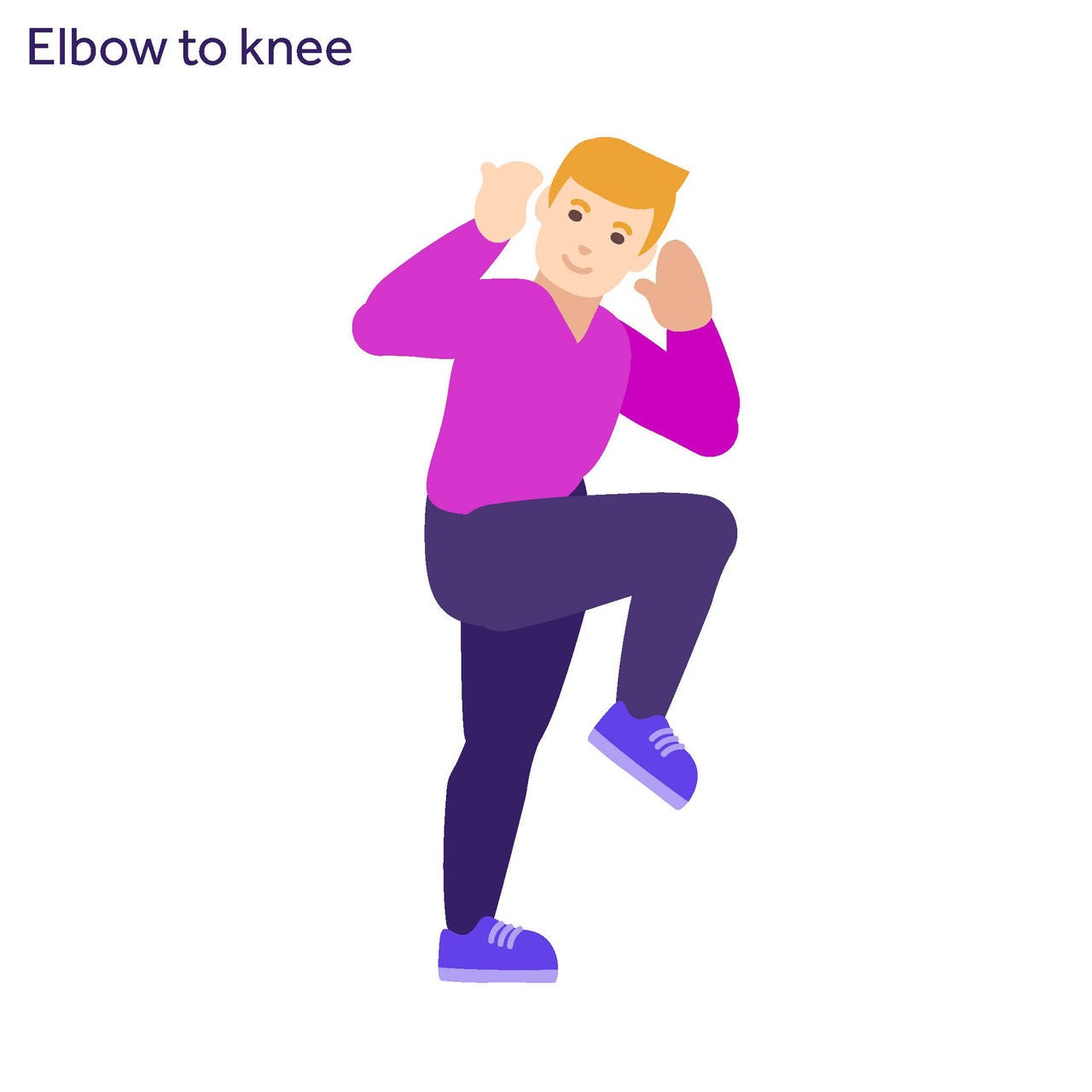 Illustration of man bringing one knee to his opposite elbow with both arms bent at the elbow, palms by ears.