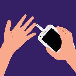 Hands using a blood glucose meter and test strip against a purple background.