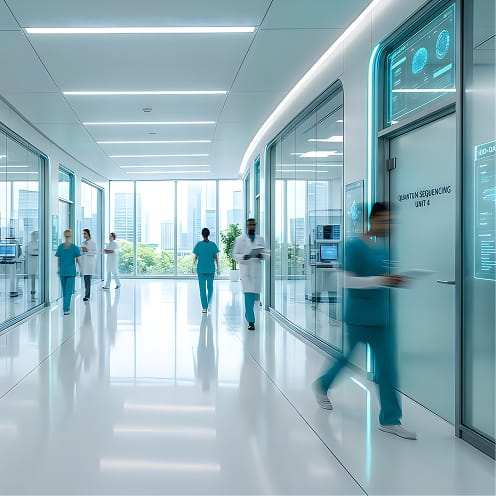 Healthcare staff walking through a bright, modern hospital corridor lined with glowing digital displays