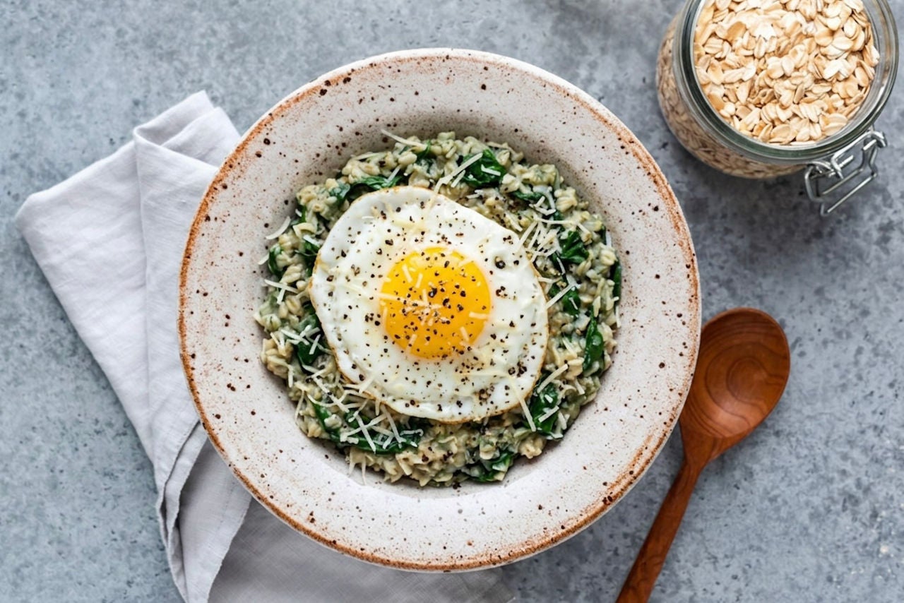 Bowl with savory oatmeal spinach mixture topped with a sunny side up egg, grated parmesan and black pepper.
