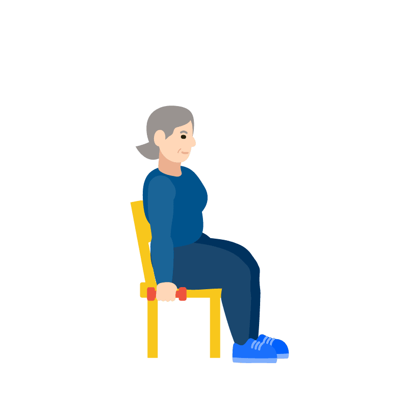  Ilustración de una mujer sentada en una silla con pesas en las manos, brazos hacia abajo, preparándose para hacer ejercicio.