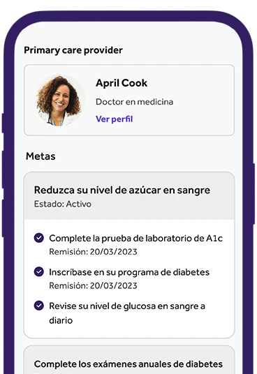 A screenshot of the Teladoc Health app displaying a user's goals, including to lower blood sugar and complete an A1c lab test.