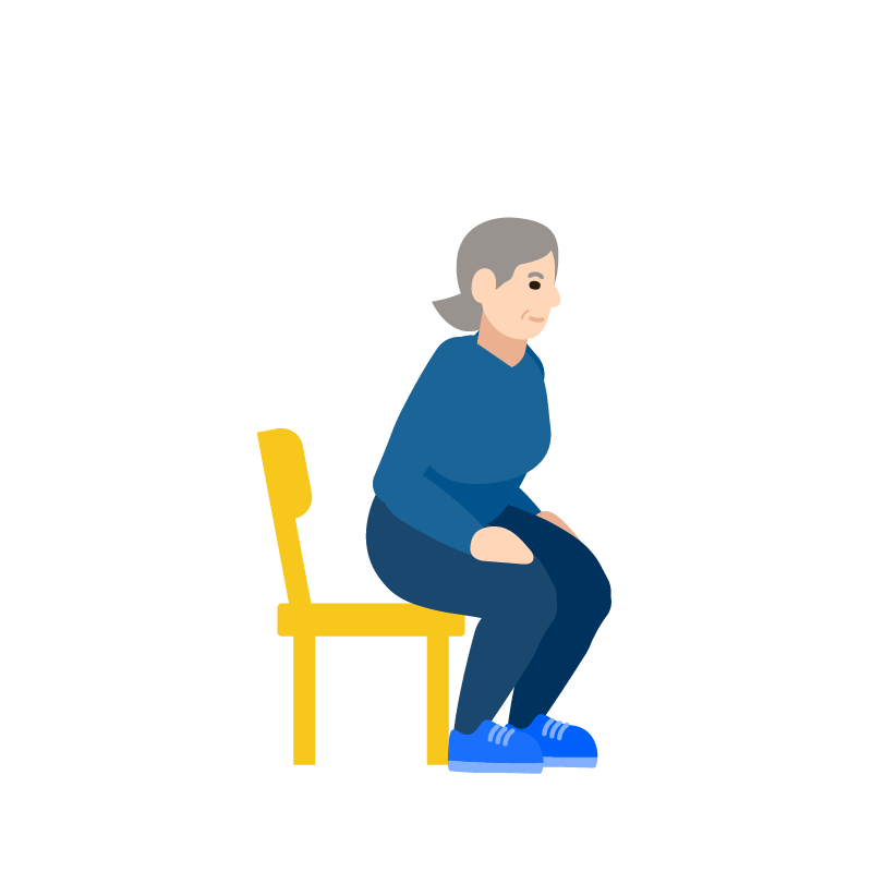 Una ilustración de una mujer mayor sentándose en una silla amarilla, con las manos sobre las rodillas y expresión relajada.