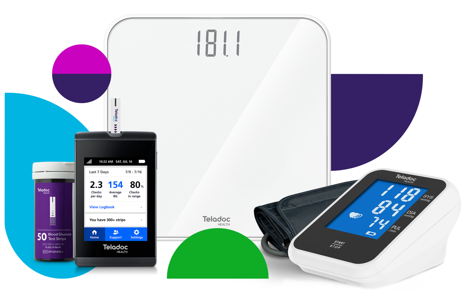 a grouping of Teladoc Health devices including Blood Glucose meter and test strips, smart scale and blood pressure monitor