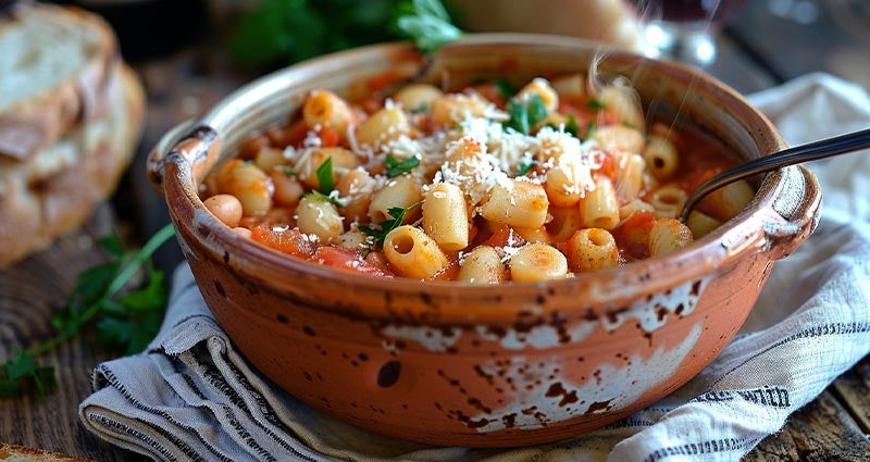 Pasta fagioli in an earthenware bowl. 