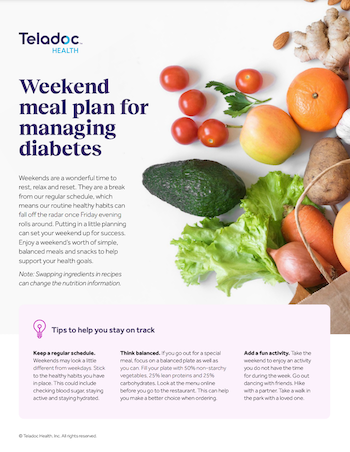 A flyer titled Weekend meal plan for managing diabetes with images of fruits, vegetables, and various healthy eating tips.