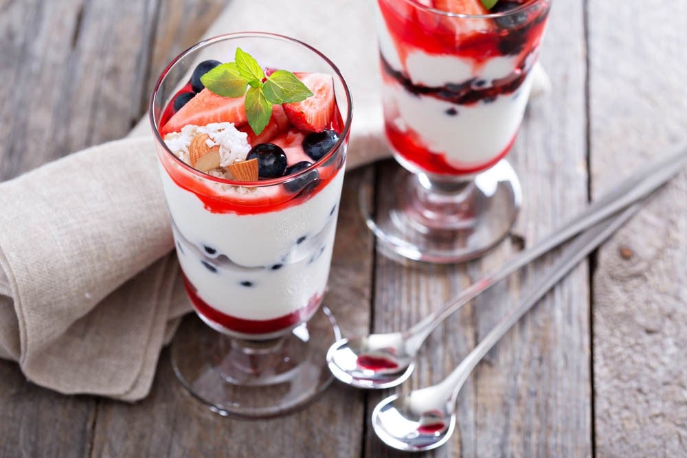 Yogurt parfait with fresh strawberries and blueberries