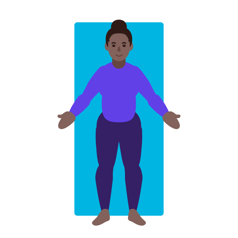  Illustration of a person in savasana pose, laying back down on a yoga mat with arms relaxed at the side.