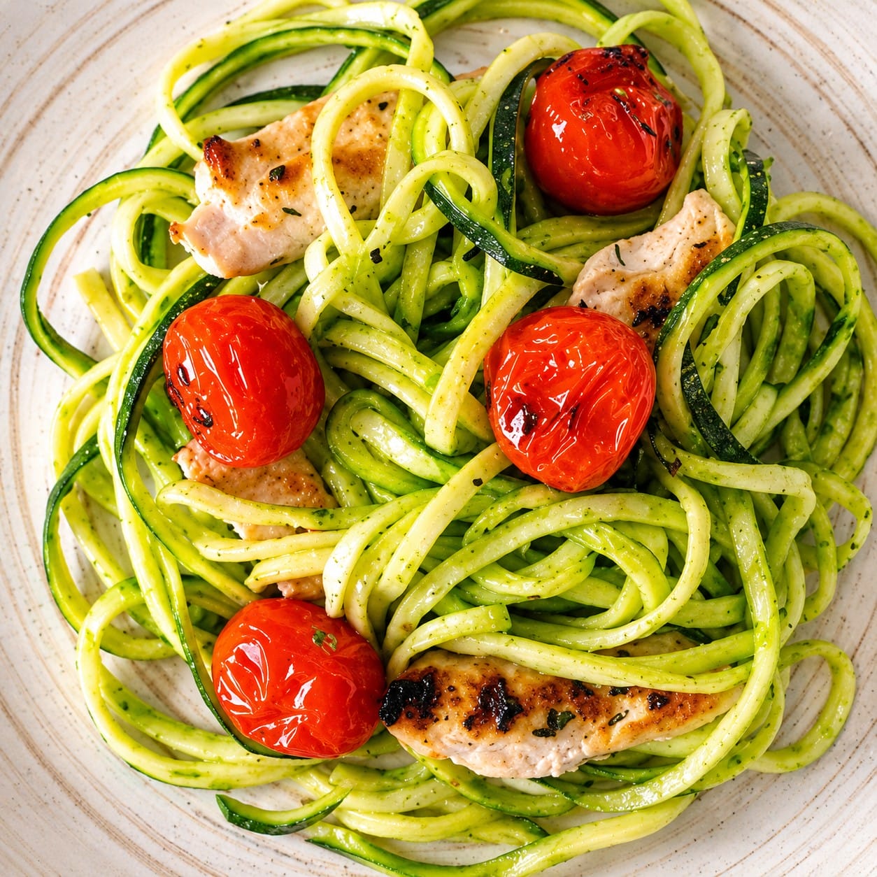 Garlic zoodles with chicken on plate