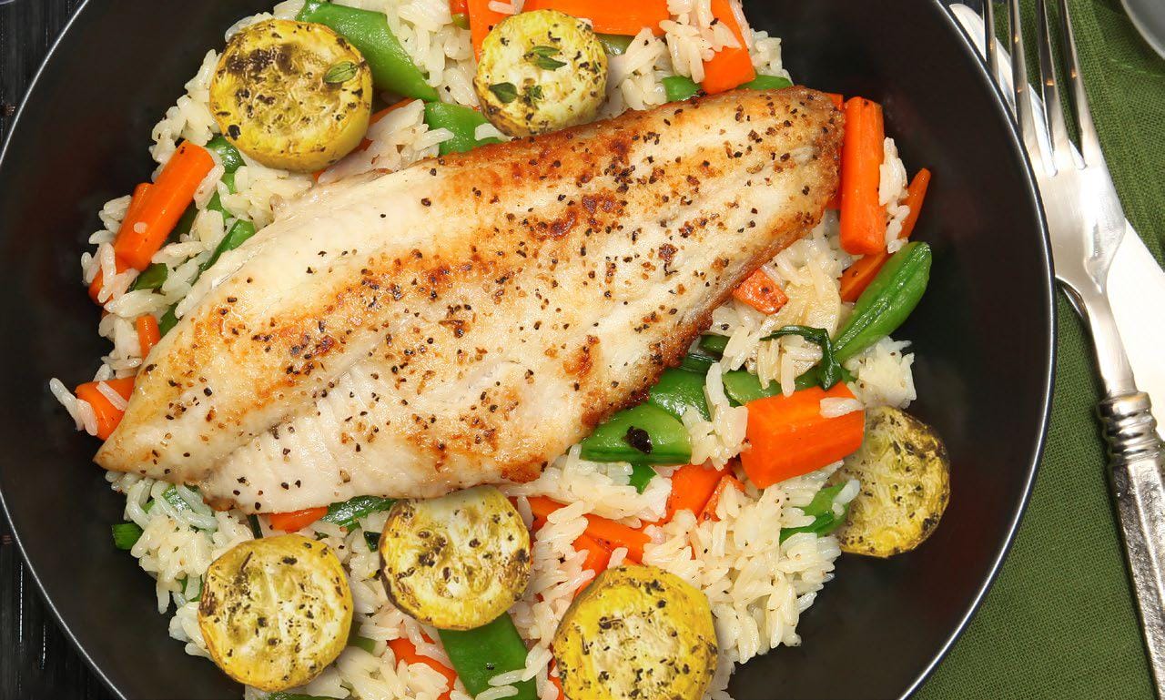 Hoisin grilled fish & summer vegetables