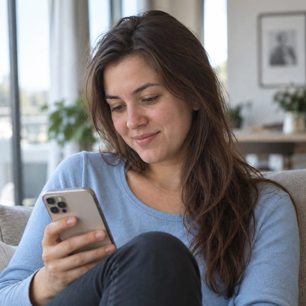 Woman reviewing mental health support options on her phone.