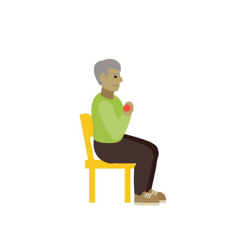  Ilustración de un hombre mayor sentado en una silla flexionando el brazo con una mancuerna como parte de un curl de bíceps.