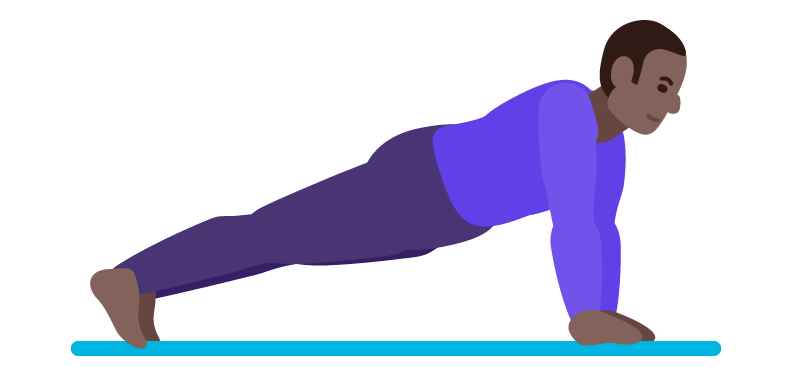  Illustration of person performing a plank pose with toes and hands on the mat, body rigid and straight.