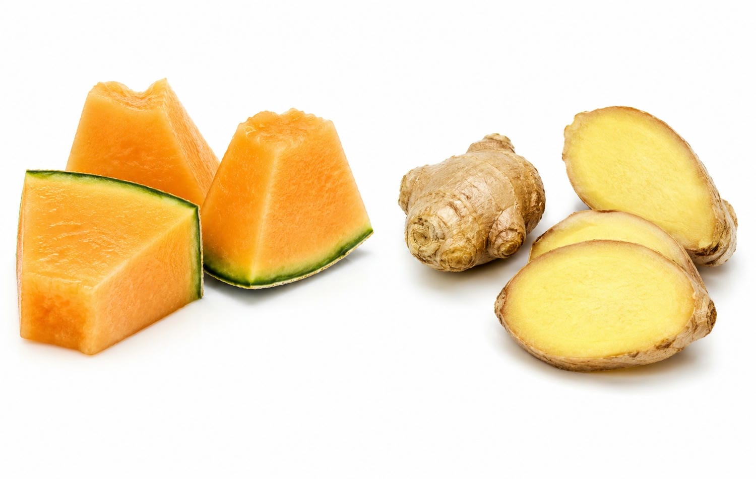 Canteloupe melon pieces and slices of ginger