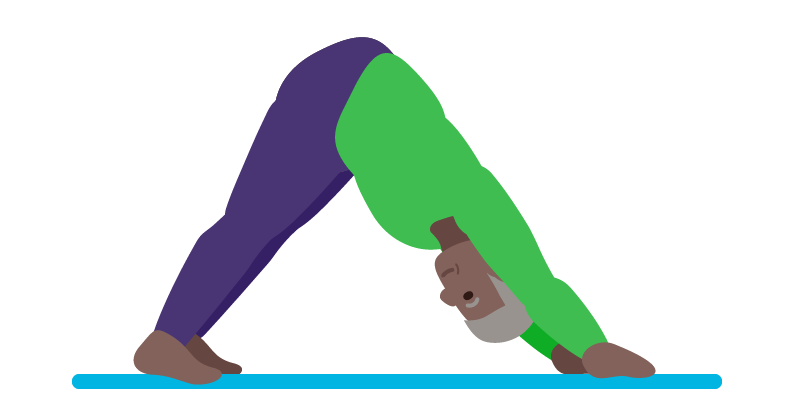  Illustration of a person performing a downward facing dog pose with hands and feet on the mat, bent at the waist.