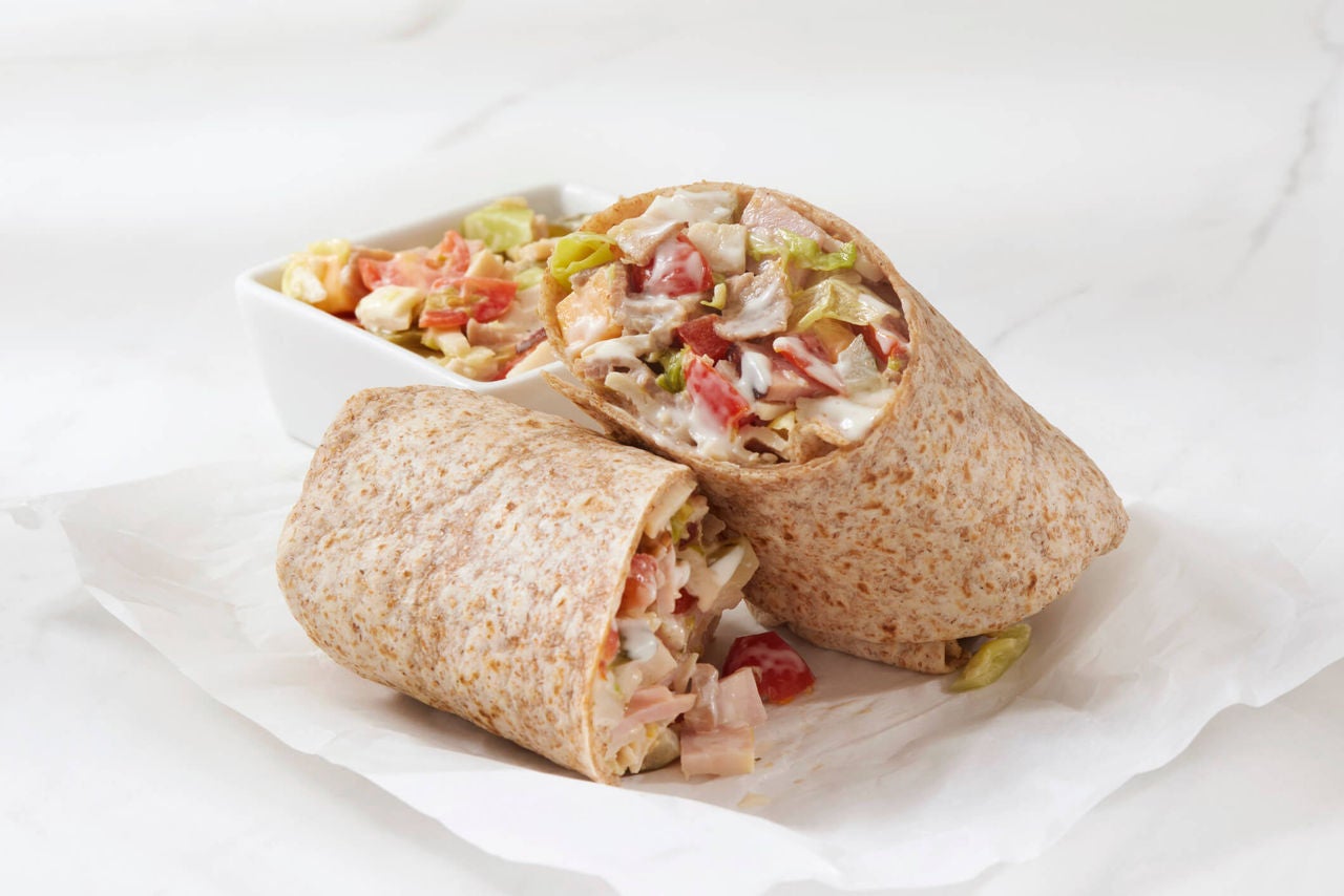 Cobb salad ingredients in a whole wheat wrap.