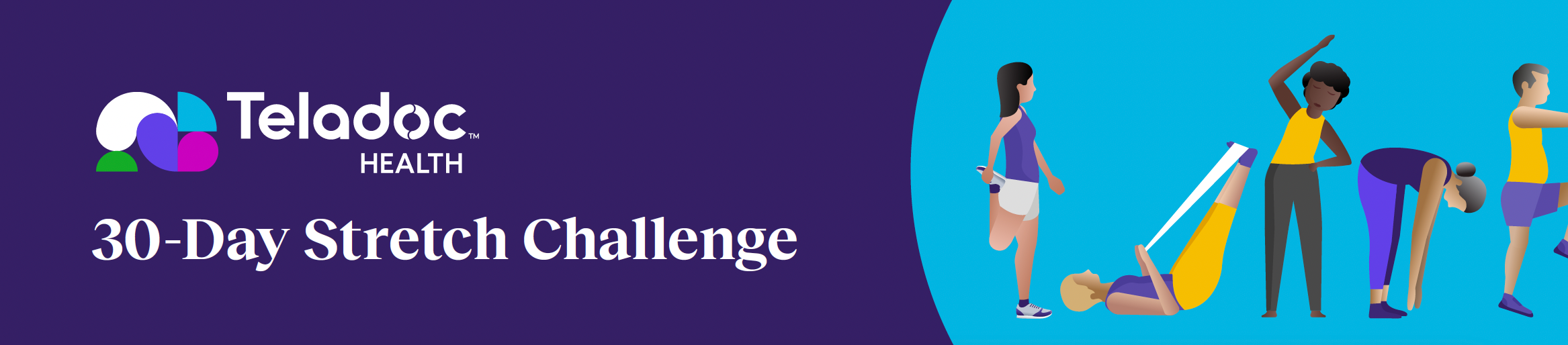 An image with the Teladoc Health Logo and the words "30 day stretch challenge" on the left and an illustration depicting a sequence of four fitness activities against a bright blue background on the right.