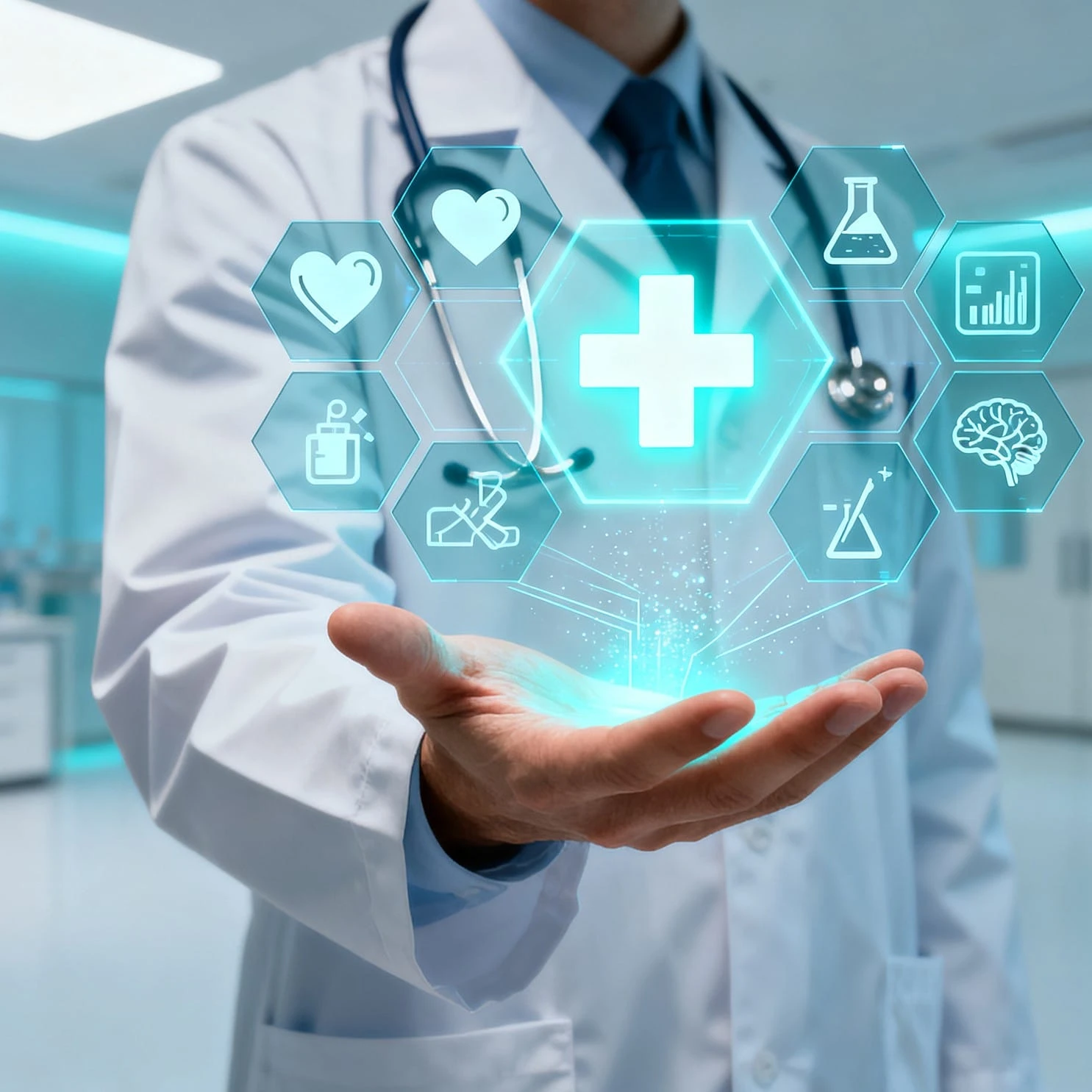 Doctor in a white coat holding a hand beneath a glowing digital healthcare interface with medical icons, including a heart, brain, laboratory flask, and medical cross.