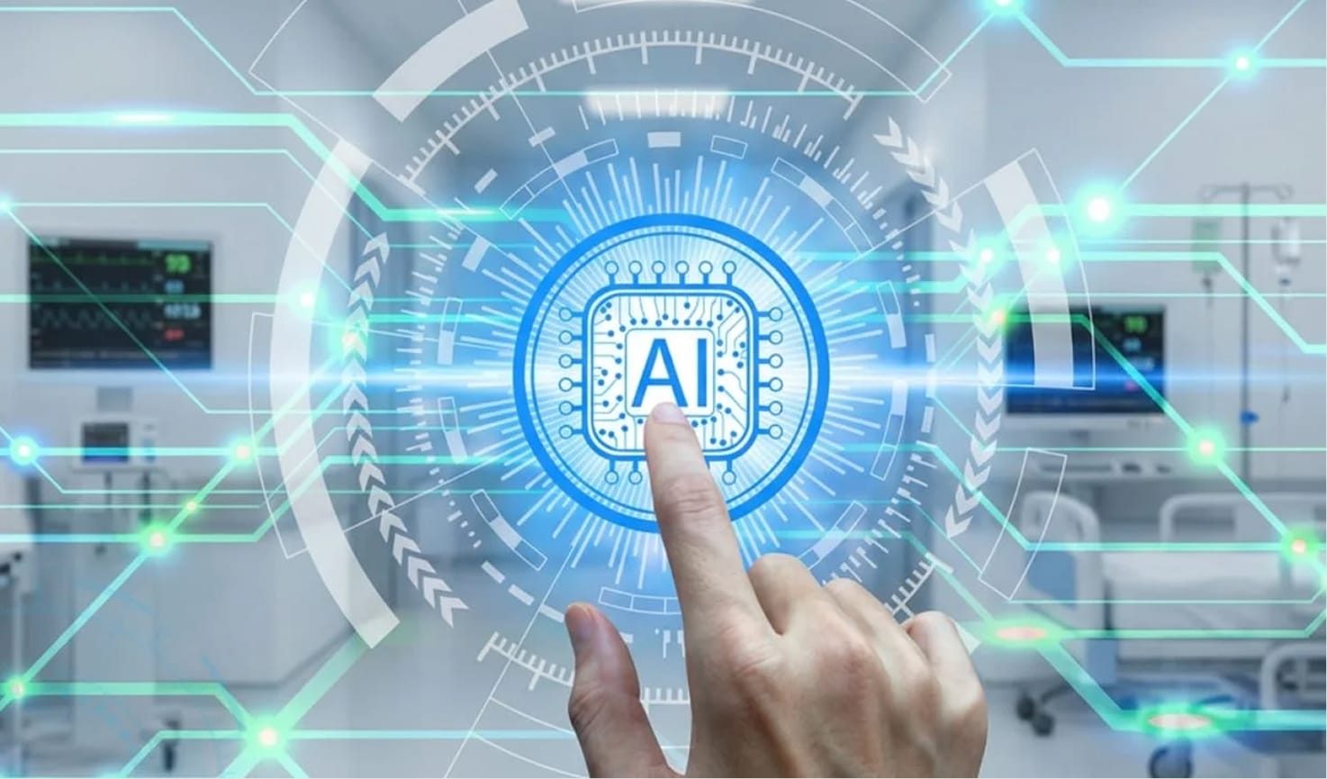 Hand touching a glowing "AI" chip icon over a blurred hospital room background.