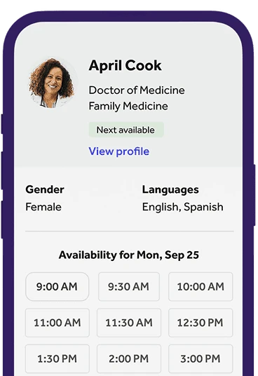 A screenshot of the Teladoc Health app while a user makes an appointment with a healthcare provider.