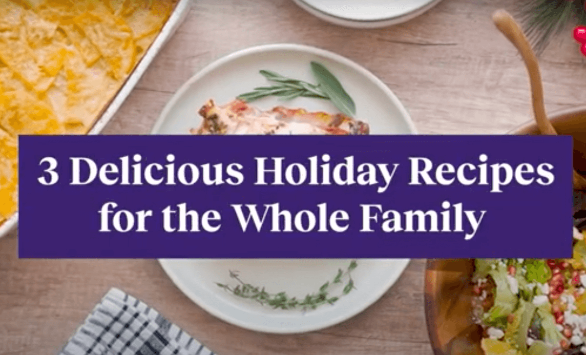 Top view of a holiday meal spread with text '3 Delicious Holiday Recipes for the Whole Family
