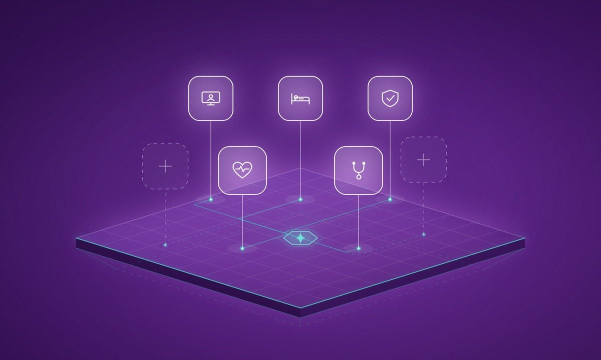 Illustration of virtual care use case tiles connected to a single platform foundation with AI embedded at its center and open slots for adding more services.