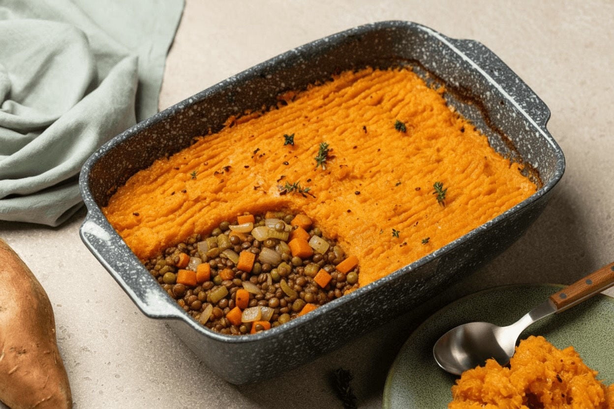Casserole dish containing a lentil and vegetable mixture topped with a sweet potato mash.