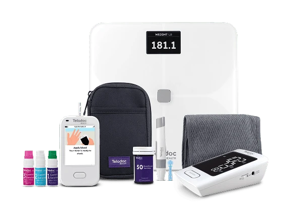 Group of Teladoc Health diabetes devices, including a smart blood glucose meter, test strips, lancet, carry case and solutions.