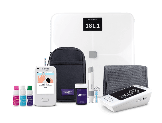 Group of Teladoc Health diabetes devices, including a smart blood glucose meter, test strips, lancet, carry case and solutions.