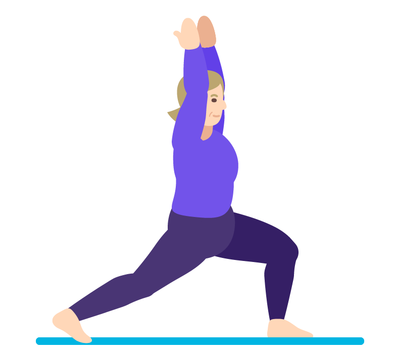  Illustration of a person performing a crescent lunge while standing with one knee bent in front and hands clasped above head.