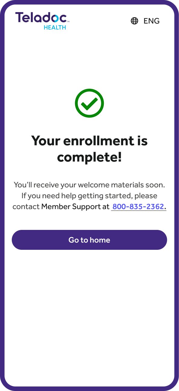 phone screen of the Teladoc Health registration flow showing a green checkmark that the registration is complete