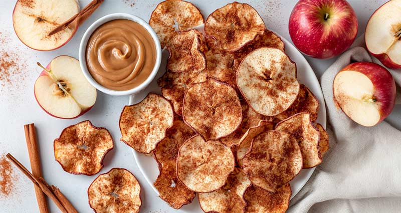 Dried apple chips and caramel sauce. 
