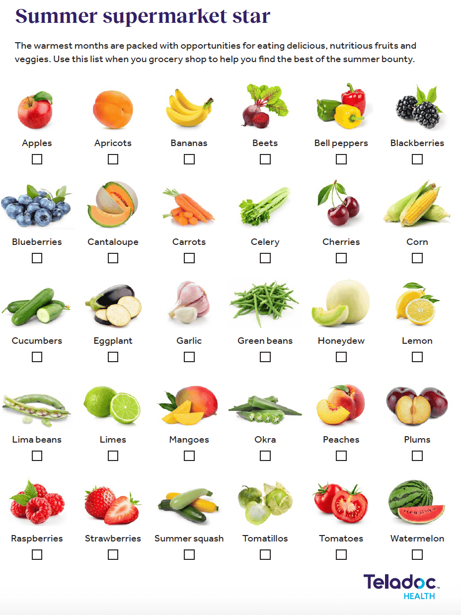 A colorful grocery checklist featuring a variety of fresh summer fruits and vegetables, including apples, bananas, peppers, berries, and more, with checkboxes for selection.