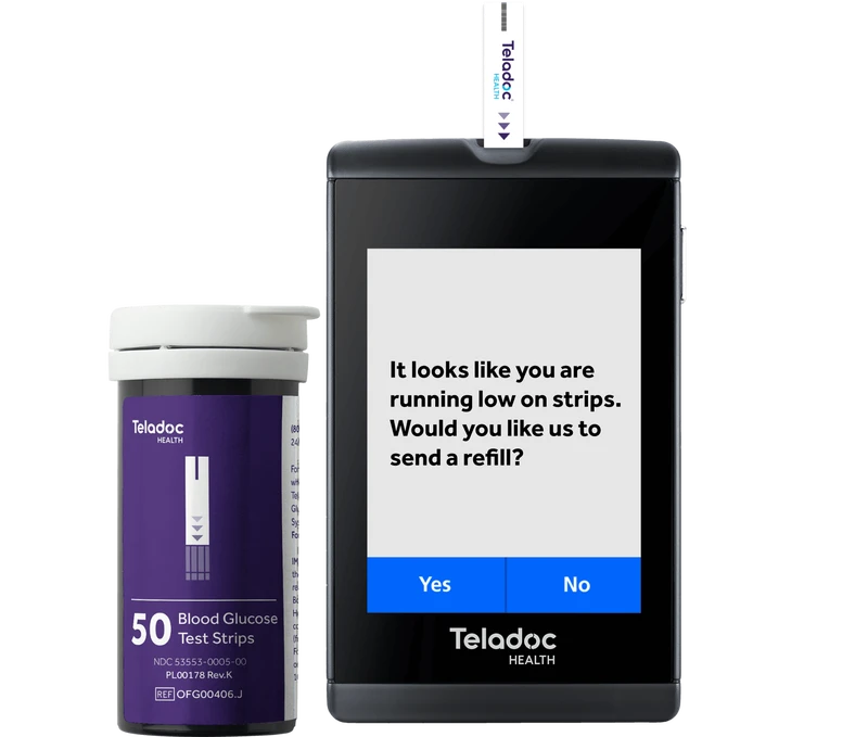 Group of Teladoc Health diabetes devices, including a smart blood glucose meter, test strips, lancet, carry case and solutions.