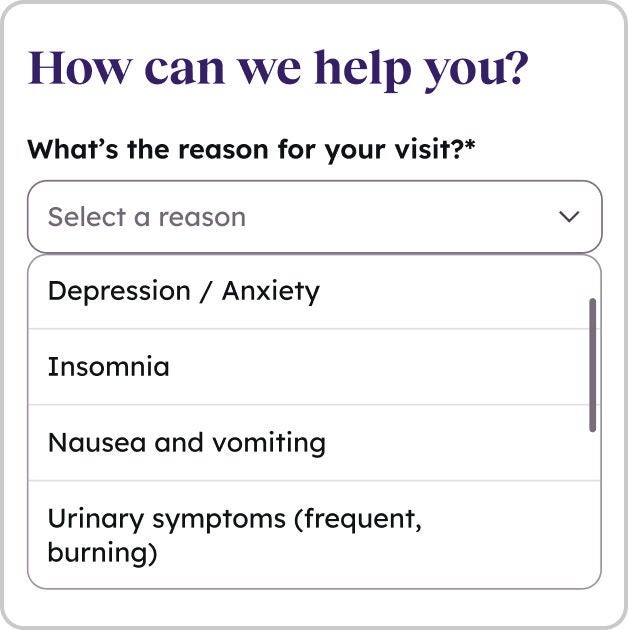 A screenshot of the app asking the user to select the primary reason for their virtual healthcare visit.