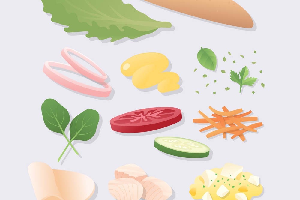 Ilustración de varios ingredientes frescos para sándwich, incluyendo vegetales, pan y opciones de proteínas.