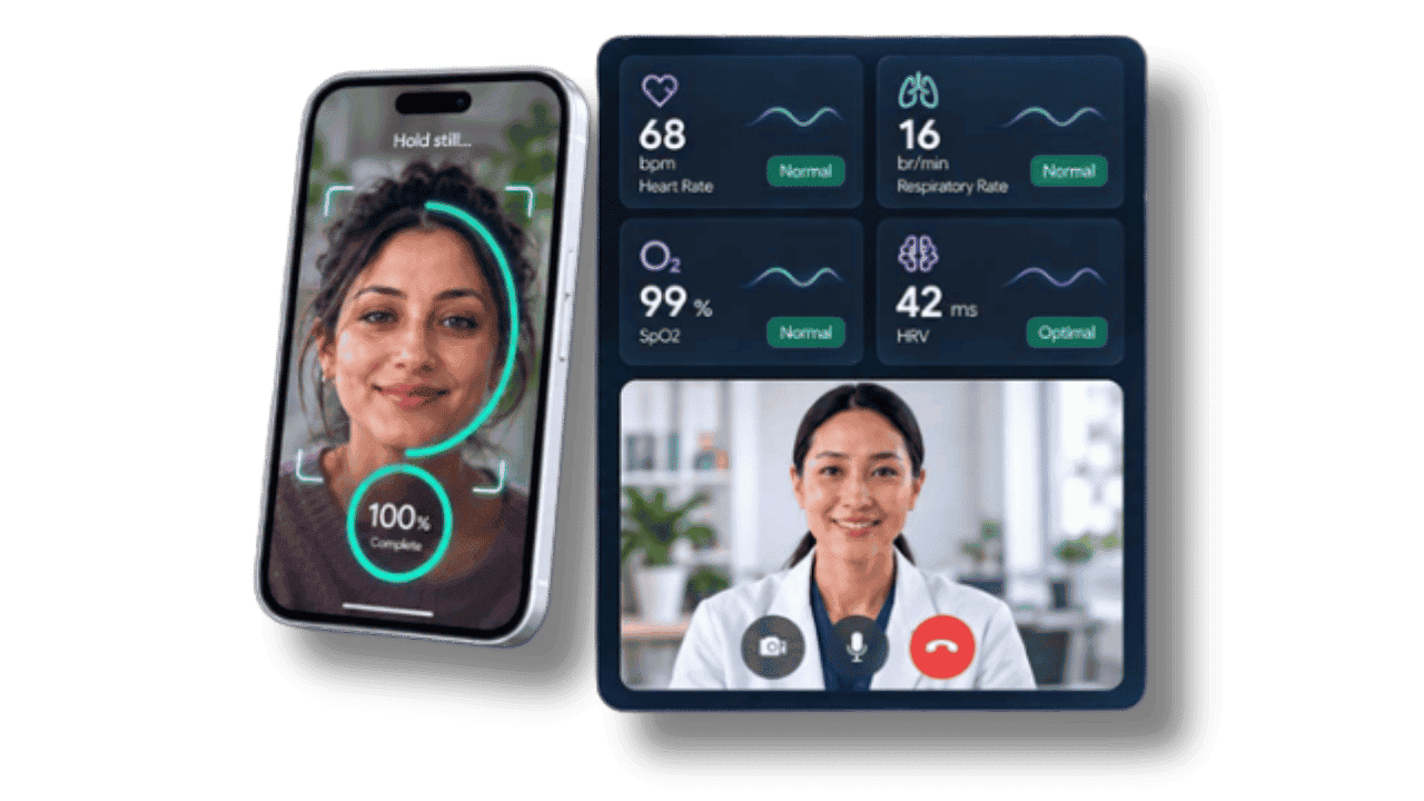 Illustration of remote health monitoring with a smartphone scanning a person’s face, a dashboard displaying vital signs, and a healthcare professional on a video call.