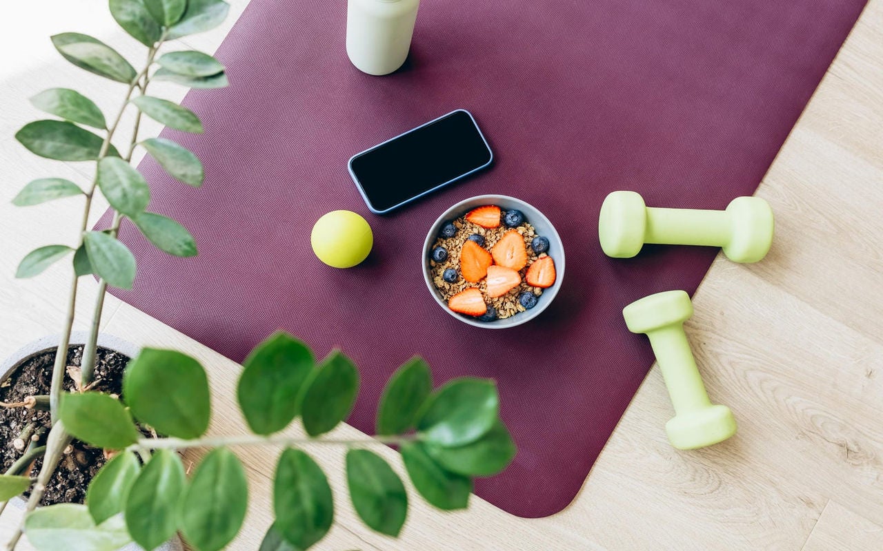 Apple, banana and exercise equipment